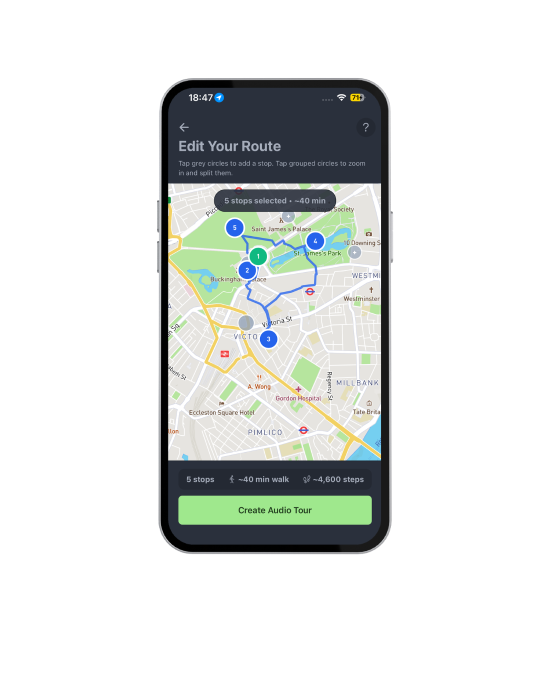 Roam app showing custom route creation on a map of Greenwich