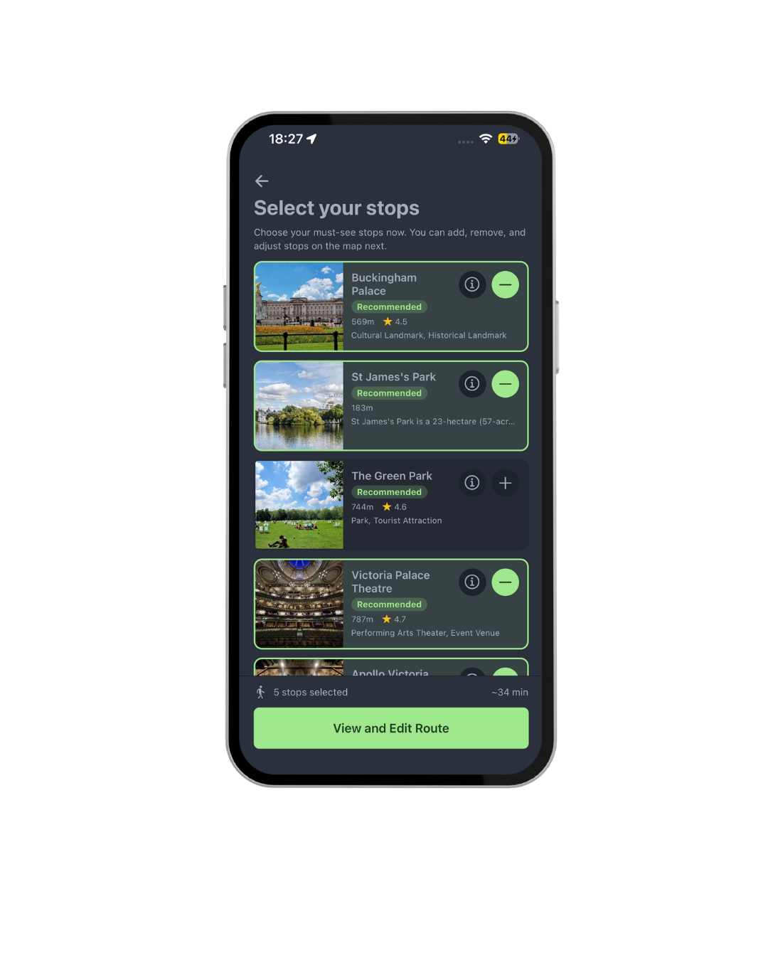 Roam app showing selected tour stops before route creation