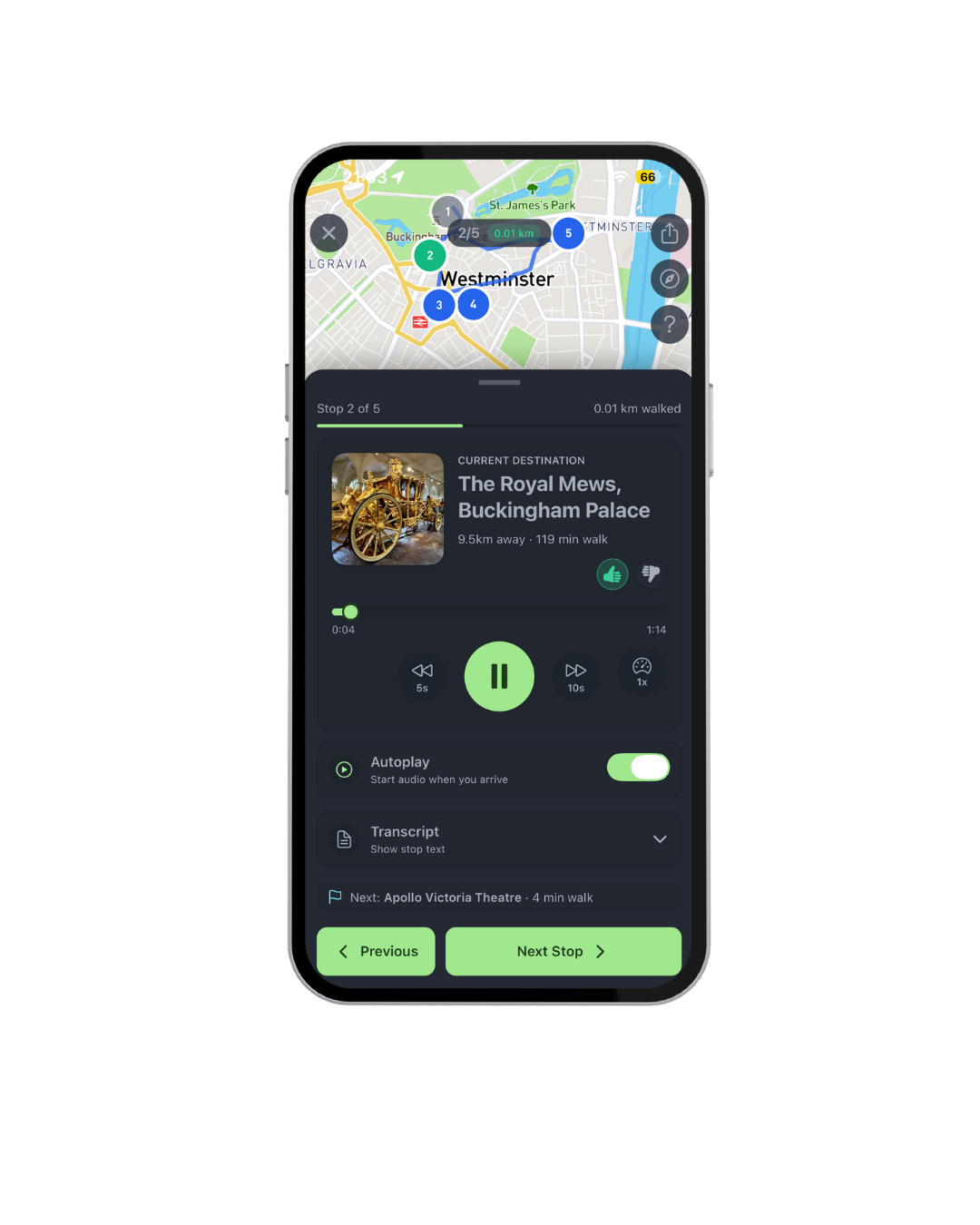 Roam app showing a live audio tour with map navigation